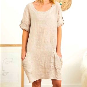 Beige Pocket Linen Scoop Neck Shift Dress